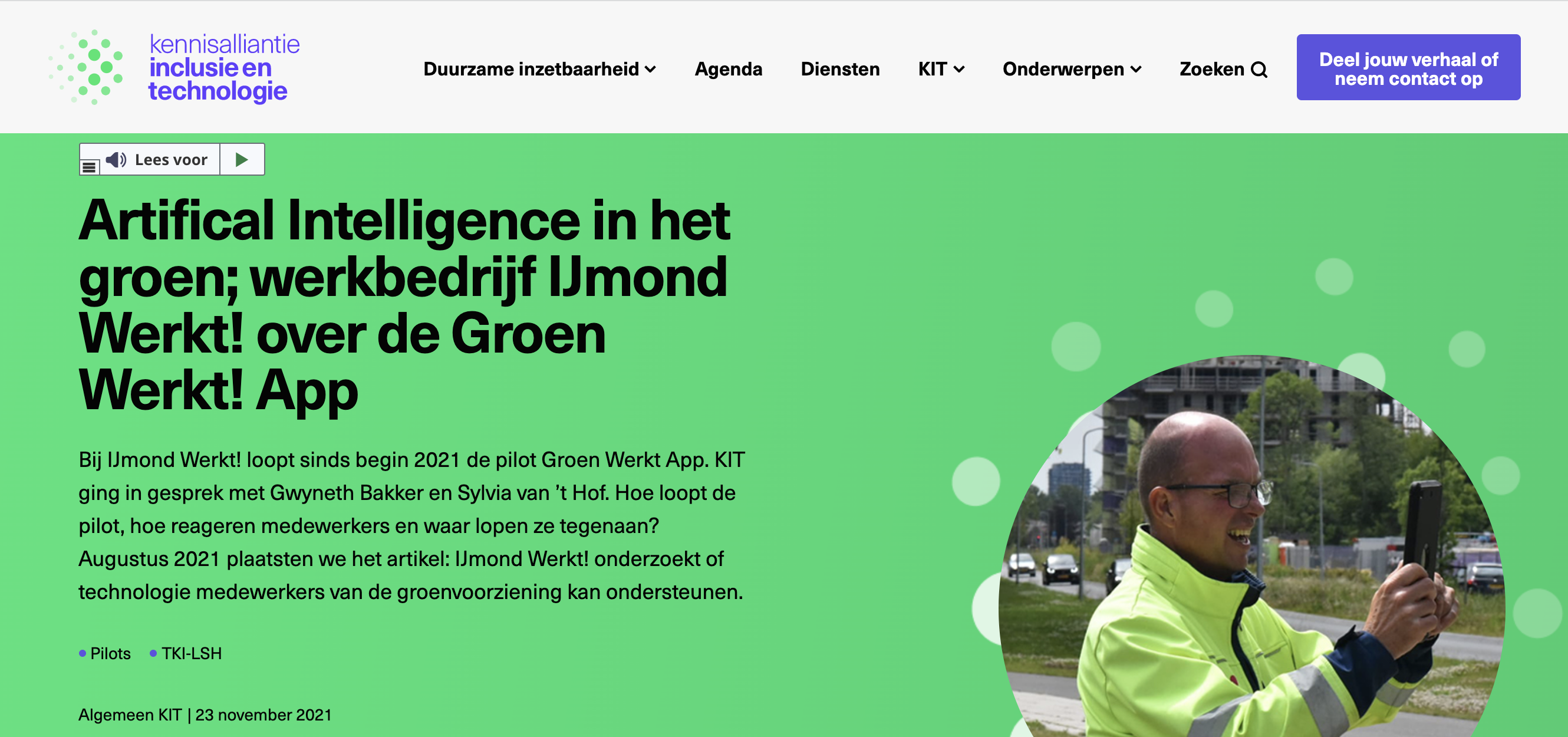 Artikel op de site van KIT (Kennisalliantie Inclusie en technologie) over onze Groen Werkt! app